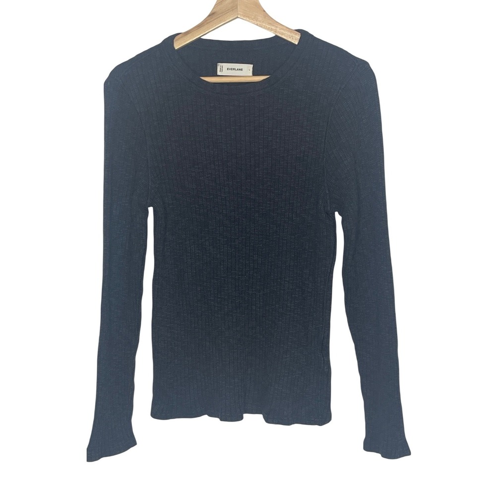 Everlane Women Black Ribbed Long Sleeve Organic Cotton Crew Neck Top Size L